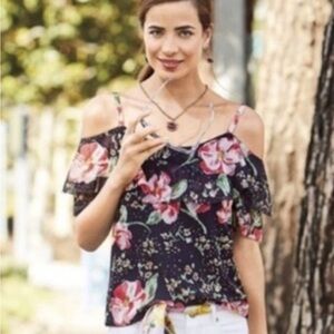 CAbi Navy Floral Cold Shoulder Blouse
